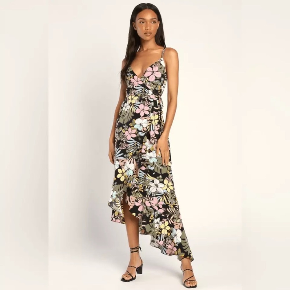 Lulus Getaway Daydream Black Tropical Print High-Low Dress-Size Small